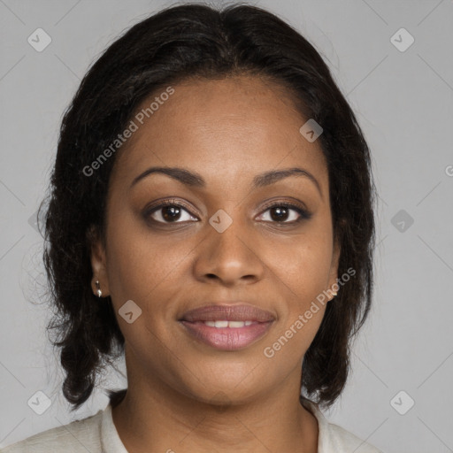 Joyful black young-adult female with medium  brown hair and brown eyes