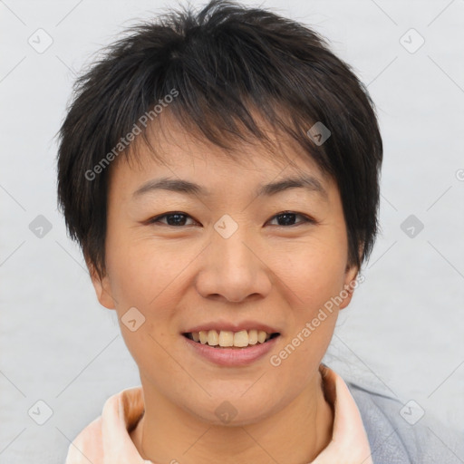 Joyful asian young-adult female with short  brown hair and brown eyes