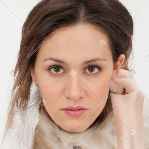 Neutral white young-adult female with medium  brown hair and brown eyes