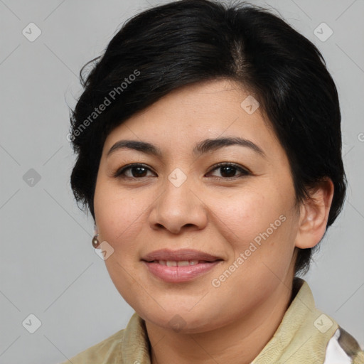 Joyful asian young-adult female with medium  brown hair and brown eyes