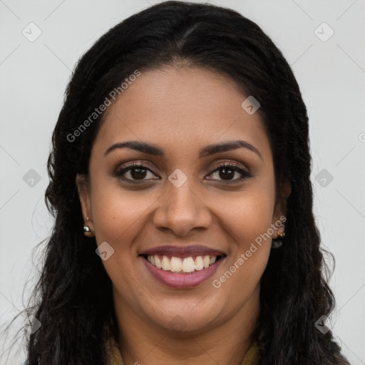 Joyful latino young-adult female with long  brown hair and brown eyes