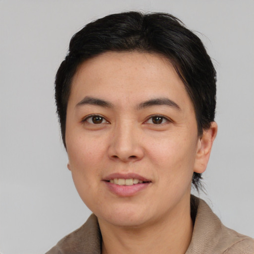 Joyful asian young-adult female with short  brown hair and brown eyes