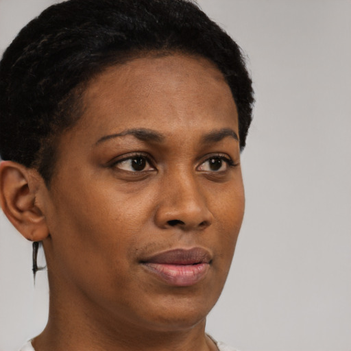 Neutral black young-adult female with short  brown hair and brown eyes