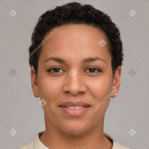 Joyful latino young-adult female with short  brown hair and brown eyes