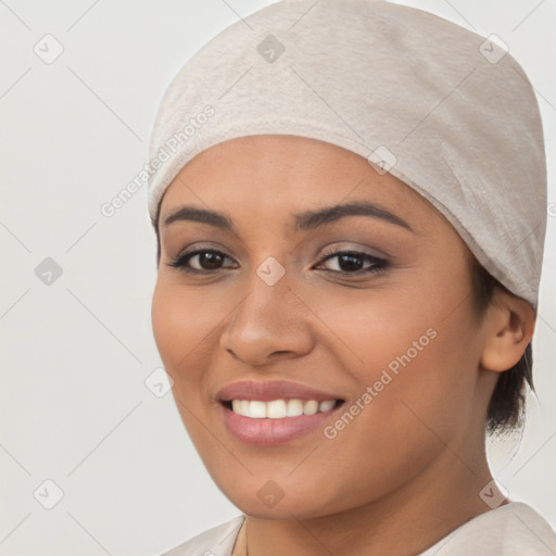 Joyful white young-adult female with medium  black hair and brown eyes