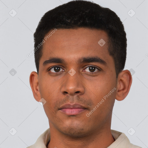 Neutral latino young-adult male with short  black hair and brown eyes