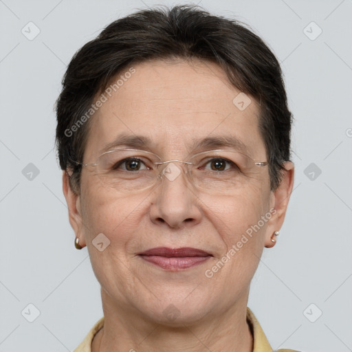 Joyful white adult female with short  brown hair and brown eyes