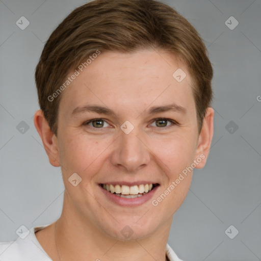 Joyful white young-adult female with short  brown hair and grey eyes