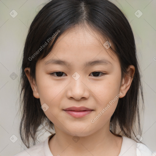 Joyful white child female with medium  brown hair and brown eyes