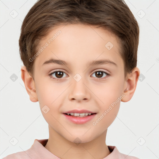 Joyful white child female with short  brown hair and brown eyes