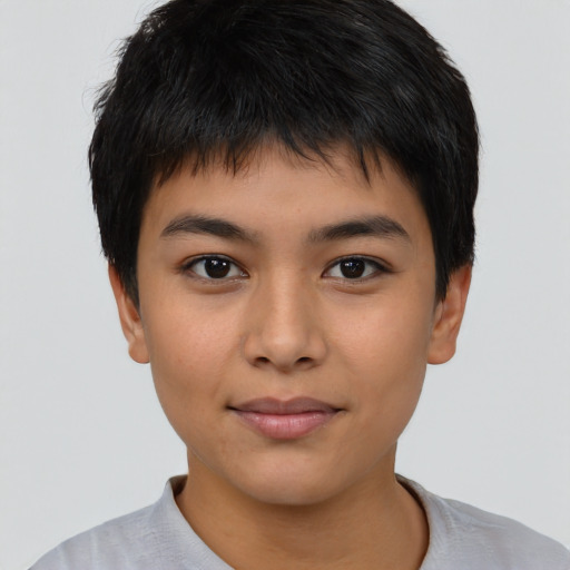 Joyful asian child male with short  black hair and brown eyes