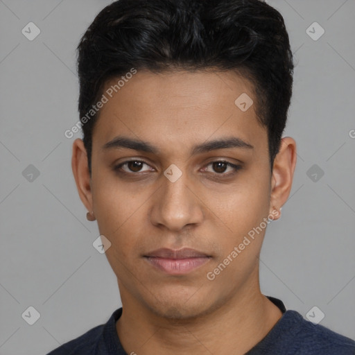 Neutral latino young-adult male with short  black hair and brown eyes