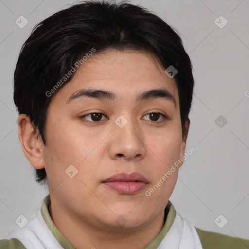 Neutral asian young-adult female with short  brown hair and brown eyes