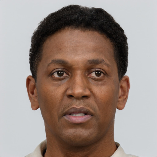 Neutral black adult male with short  brown hair and brown eyes