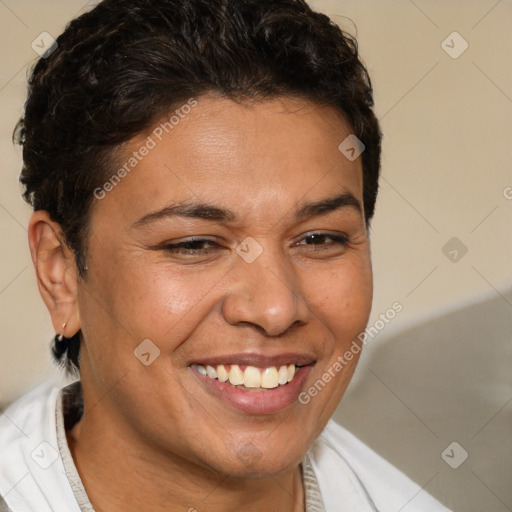 Joyful white adult female with short  brown hair and brown eyes