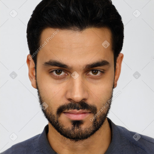 Neutral latino young-adult male with short  black hair and brown eyes