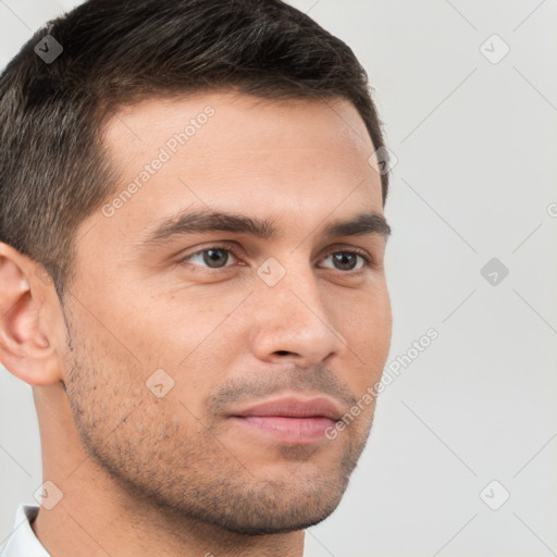 Neutral white young-adult male with short  brown hair and brown eyes