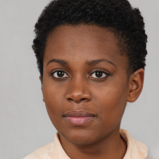 Neutral black young-adult female with short  brown hair and brown eyes