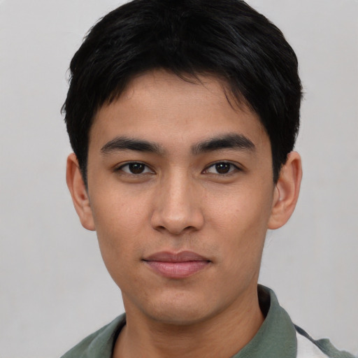 Neutral asian young-adult male with short  black hair and brown eyes