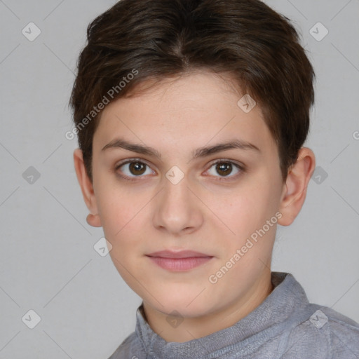 Neutral white young-adult female with short  brown hair and brown eyes