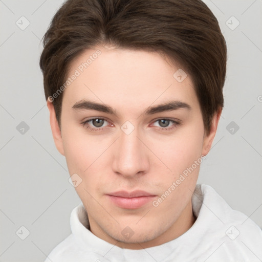 Neutral white young-adult male with short  brown hair and brown eyes