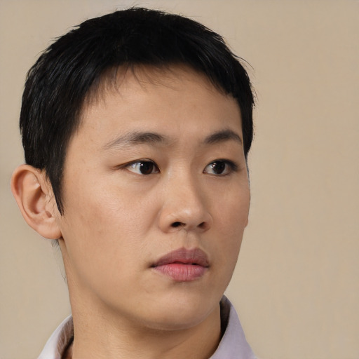 Neutral asian young-adult male with short  brown hair and brown eyes