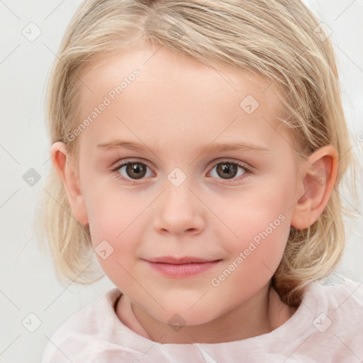 Joyful white child female with medium  brown hair and blue eyes