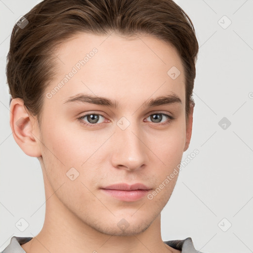 Neutral white young-adult male with short  brown hair and brown eyes