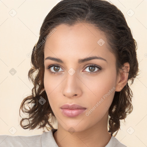 Neutral white young-adult female with medium  brown hair and brown eyes