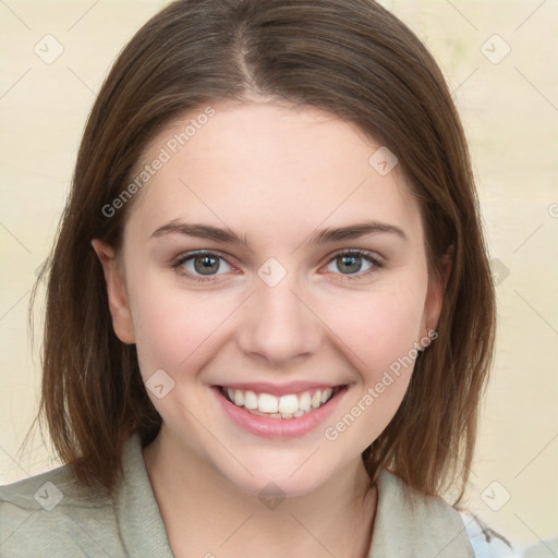 Joyful white young-adult female with medium  brown hair and green eyes