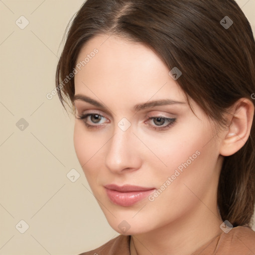 Neutral white young-adult female with medium  brown hair and brown eyes