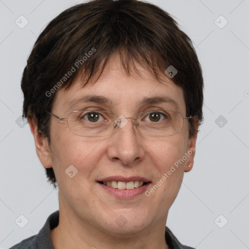 Joyful white adult female with short  brown hair and brown eyes