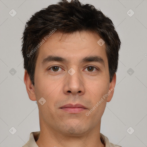 Neutral white young-adult male with short  brown hair and brown eyes