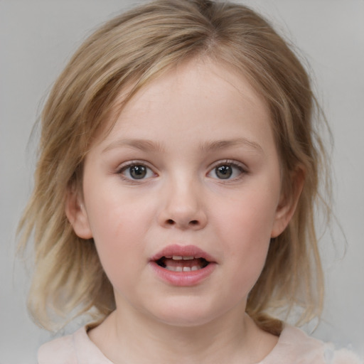 Neutral white child female with medium  brown hair and blue eyes