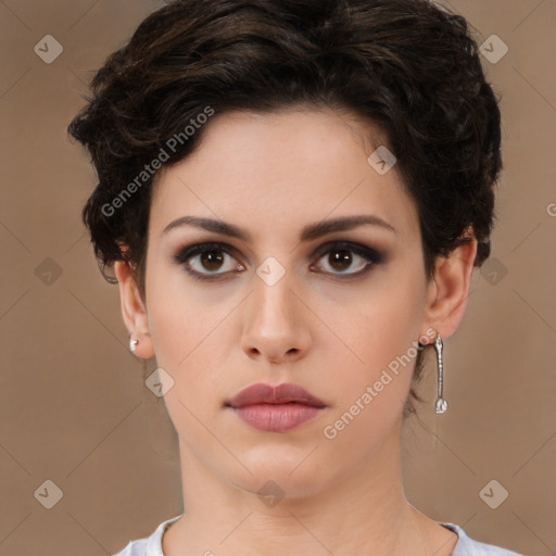 Neutral white young-adult female with short  brown hair and brown eyes