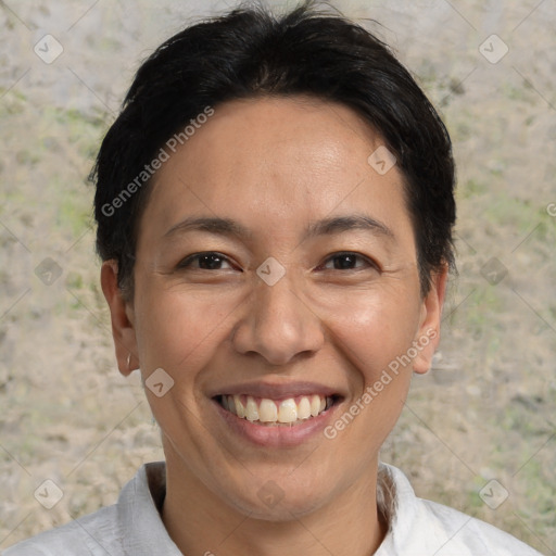 Joyful white adult female with short  brown hair and brown eyes