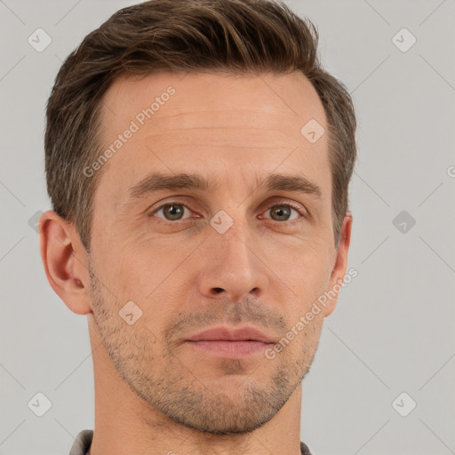 Neutral white adult male with short  brown hair and brown eyes