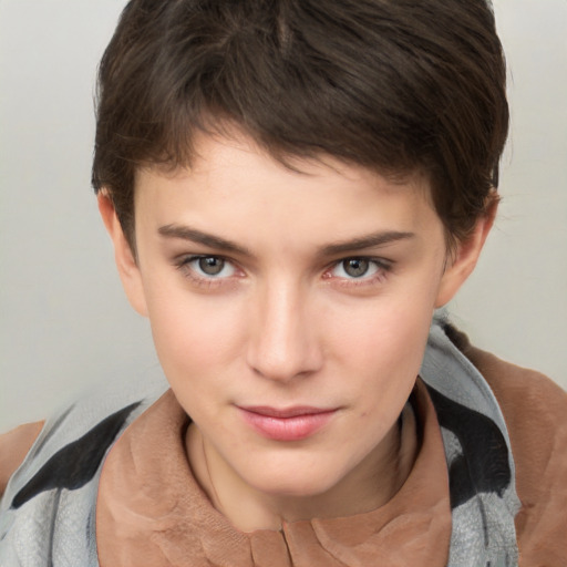 Neutral white young-adult female with short  brown hair and brown eyes