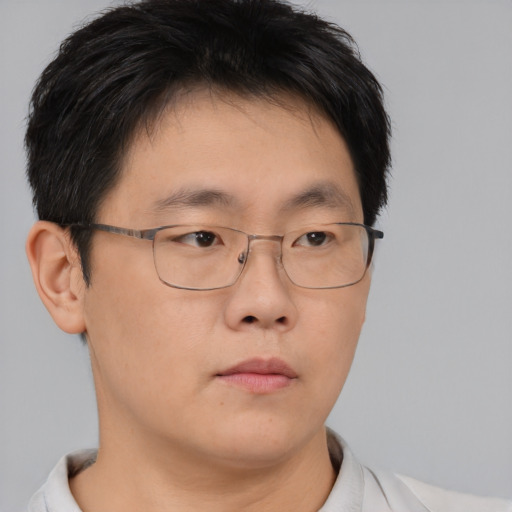 Neutral asian young-adult male with short  brown hair and brown eyes