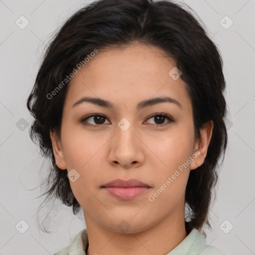 Neutral asian young-adult female with medium  brown hair and brown eyes