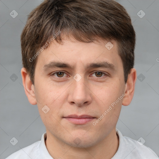 Neutral white young-adult male with short  brown hair and brown eyes