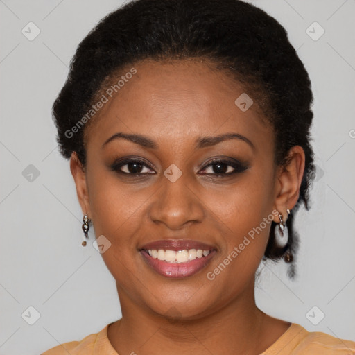 Joyful latino young-adult female with short  brown hair and brown eyes