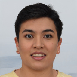 Joyful asian young-adult female with short  black hair and brown eyes