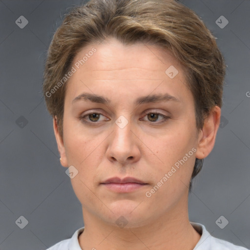 Neutral white adult female with short  brown hair and brown eyes