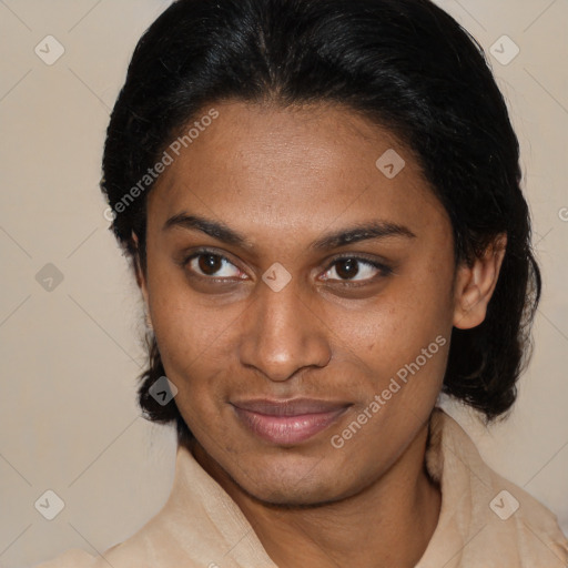 Joyful latino young-adult female with medium  brown hair and brown eyes