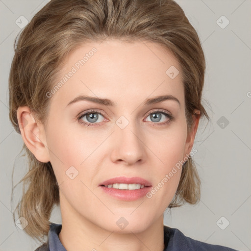 Joyful white young-adult female with medium  brown hair and blue eyes