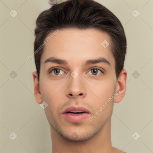 Neutral white young-adult male with short  brown hair and brown eyes