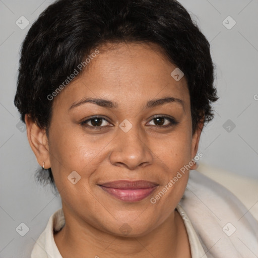 Joyful white adult female with short  brown hair and brown eyes