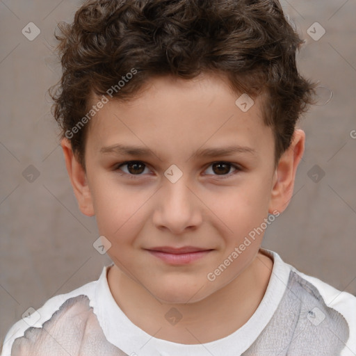 Joyful white child male with short  brown hair and brown eyes