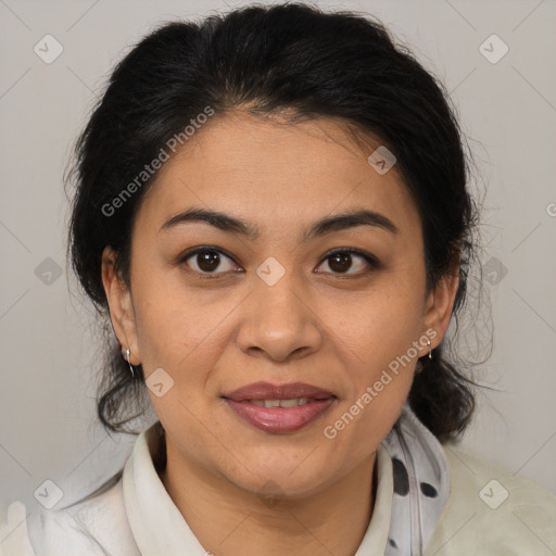 Joyful latino young-adult female with medium  brown hair and brown eyes